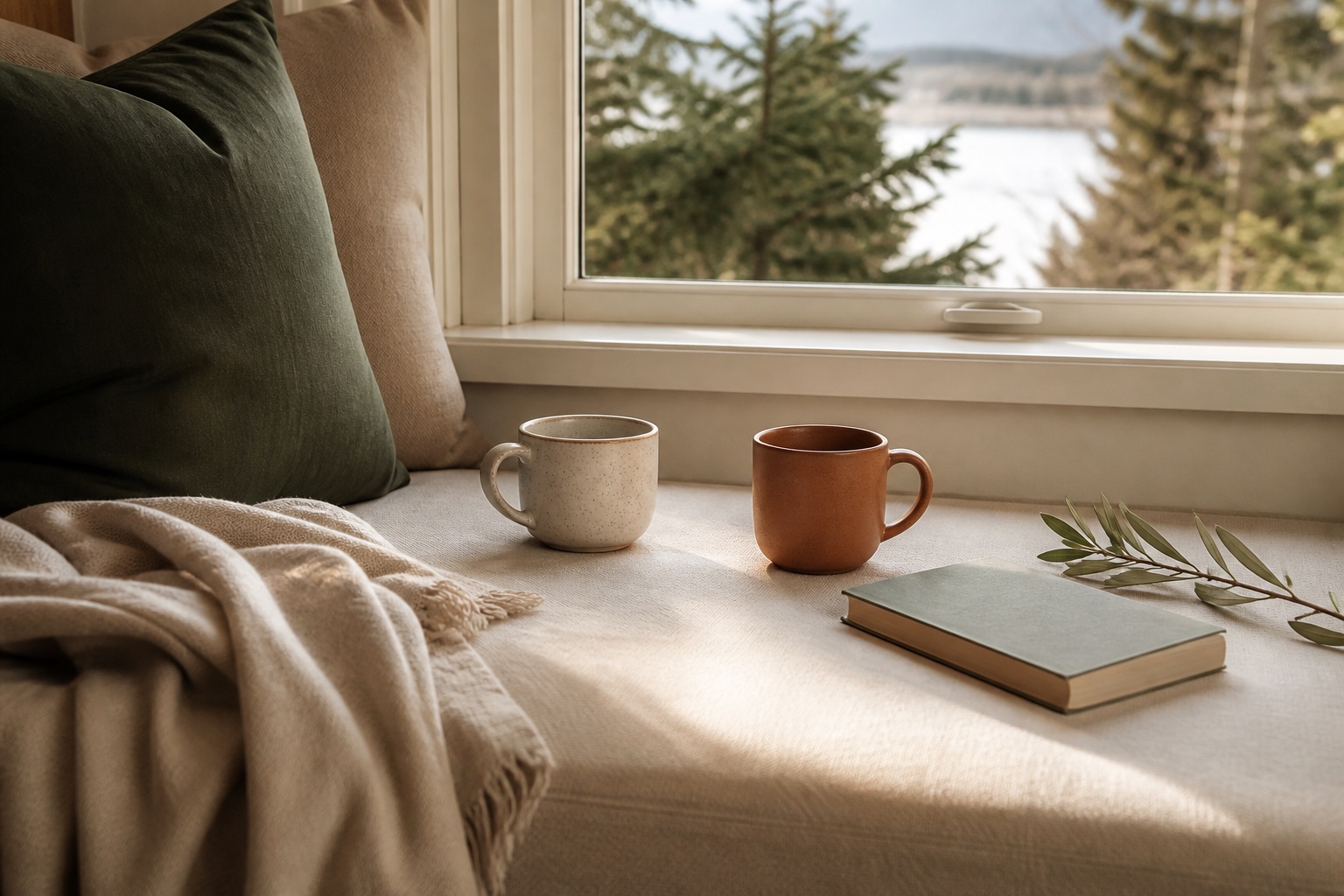 Two mugs, a journal and soft blankets beside a bright window