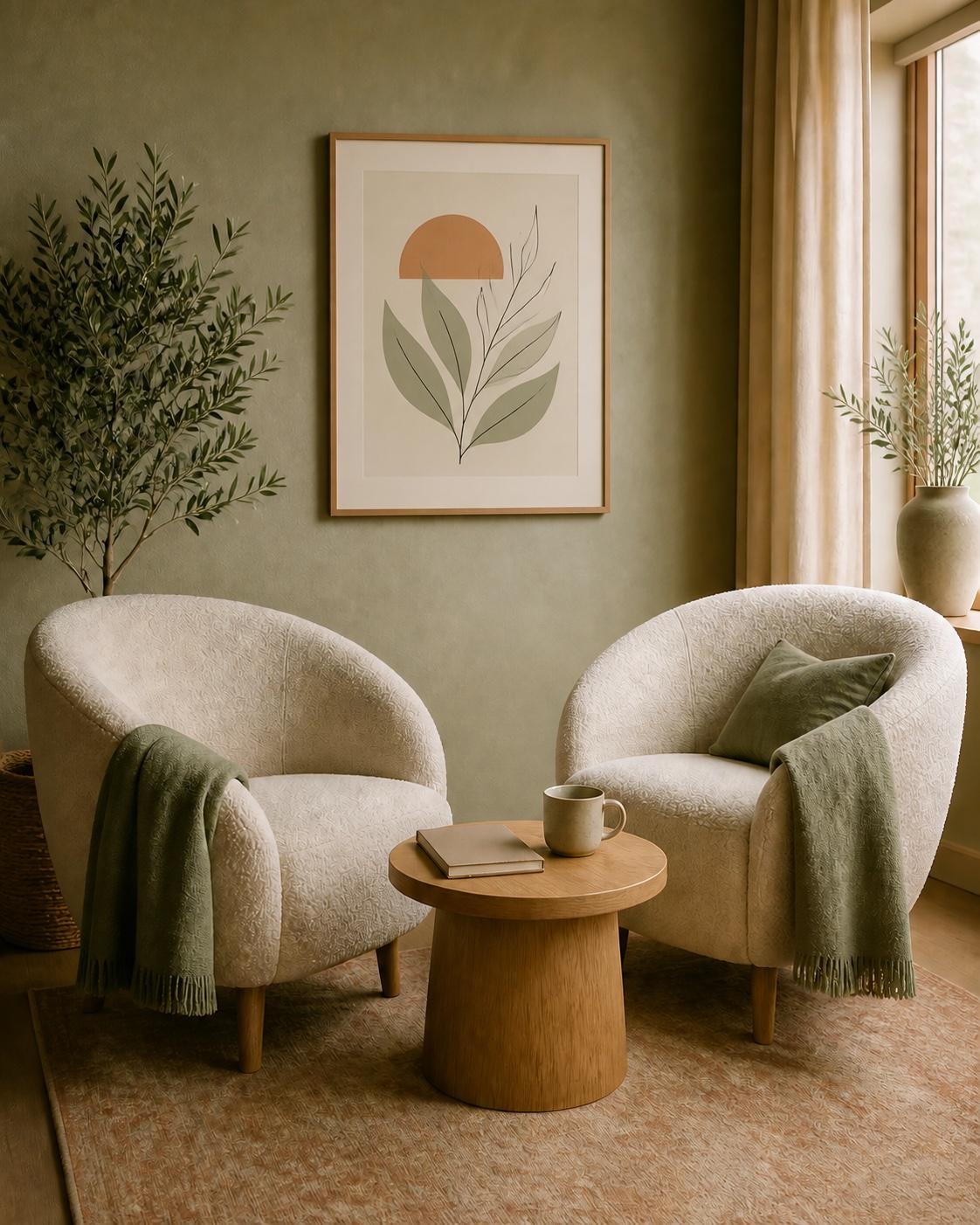 Warm editorial interior with two cream chairs, sage accents and soft natural light